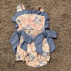 “Millie Kate” - Floral Baby Romper with Blue Accents - 3 to 6mo